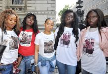 At Friday night’s demonstration outside Downing Street were KIARA, MARY, SISSY, and Adelaide and Linguere MENDY, all nieces of Mary Mendy and cousins to her daughter Khadija who are both missing following the blaze at Grenfell Tower