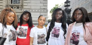 At Friday night’s demonstration outside Downing Street were KIARA, MARY, SISSY, and Adelaide and Linguere MENDY, all nieces of Mary Mendy and cousins to her daughter Khadija who are both missing following the blaze at Grenfell Tower