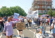 Marchers on behalf of Grenfell Tower fire victims setting off to Parliament from Shepherd’s Bush Green yesterday