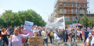 Marchers on behalf of Grenfell Tower fire victims setting off to Parliament from Shepherd’s Bush Green yesterday