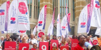 RCN London Board Chair CYNTHIA DAVIS addressing nurses protesting outside the Department of Health in Whitehall yesterday