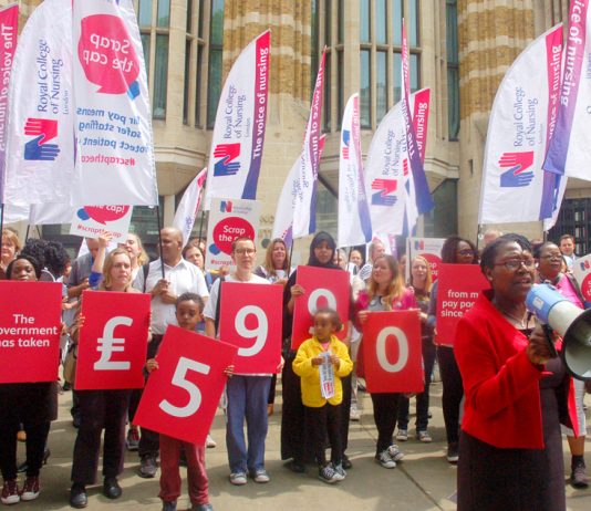 RCN London Board Chair CYNTHIA DAVIS addressing nurses protesting outside the Department of Health in Whitehall yesterday