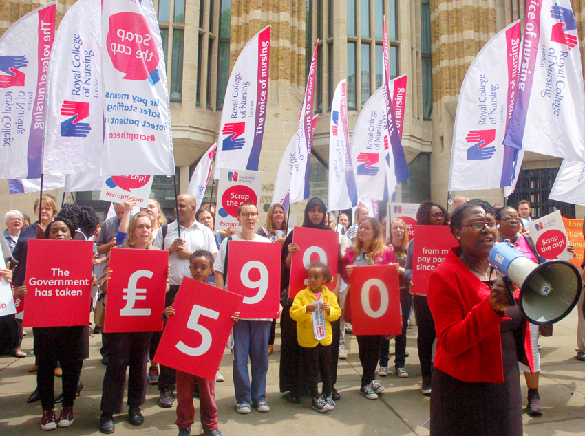 RCN London Board Chair CYNTHIA DAVIS addressing nurses protesting outside the Department of Health in Whitehall yesterday