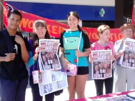 ANNA ATHOW (second from left) with supporters. She stood as a WRP candidate – to defend the NHS – in the recent general election