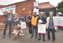 Lecturers on the picket line  at West London College in Hammersmith yesterday morning – fighting job cuts