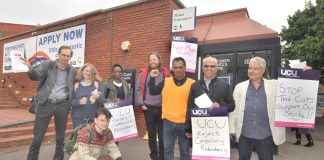 Lecturers on the picket line  at West London College in Hammersmith yesterday morning – fighting job cuts