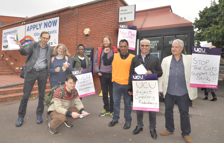 Lecturers on the picket line  at West London College in Hammersmith yesterday morning – fighting job cuts