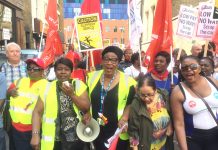 Striking SERCO workers at Barts NHS Trust at a rally at the Royal London Hospital in Whitechapel yesterday