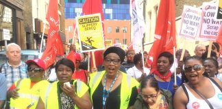 Striking SERCO workers at Barts NHS Trust at a rally at the Royal London Hospital in Whitechapel yesterday