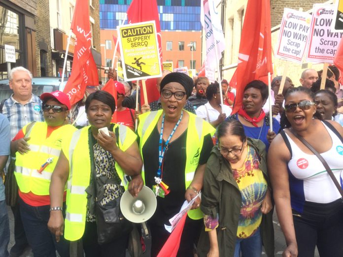 Striking SERCO workers at Barts NHS Trust at a rally at the Royal London Hospital in Whitechapel yesterday