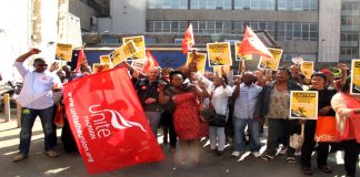 Striking Serco workers at the Bart’s NHS Trust at Tuesday’s rally outside the Royal London Hospital in Whitechapel in East London