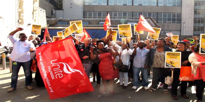 Striking Serco workers at the Bart’s NHS Trust at Tuesday’s rally outside the Royal London Hospital in Whitechapel in East London