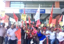 Striking Serco workers outside The Royal London Hospital in Whitechapel yesterday on the second day of their 48-hour strike