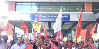 Striking Serco workers outside The Royal London Hospital in Whitechapel yesterday on the second day of their 48-hour strike