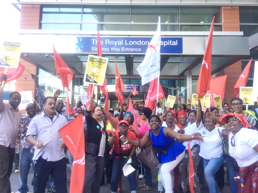Striking Serco workers outside The Royal London Hospital in Whitechapel yesterday on the second day of their 48-hour strike