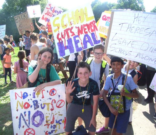 School children from the London Borough of Wandsworth at a demonstration on Tooting Common fighting Tory education cuts