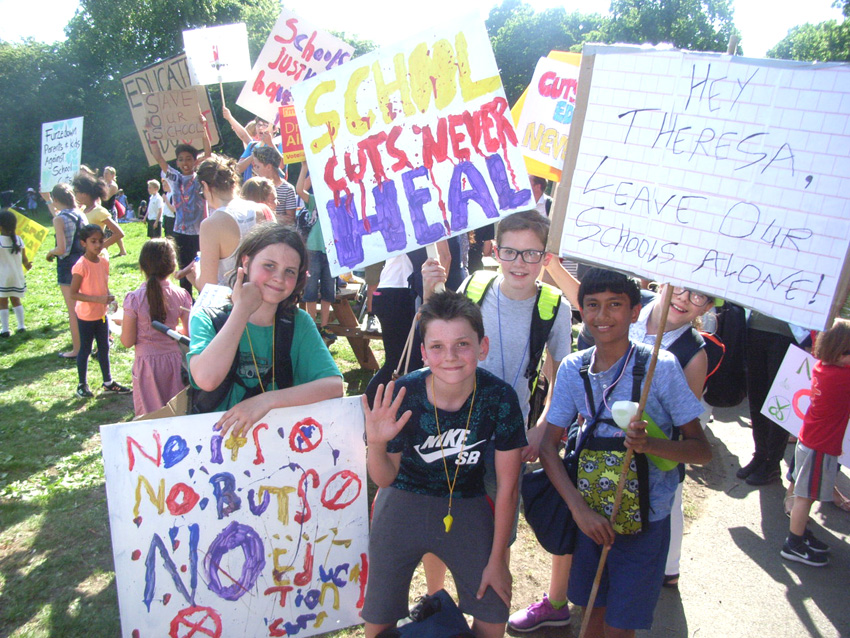 School children from the London Borough of Wandsworth at a demonstration on Tooting Common fighting Tory education cuts