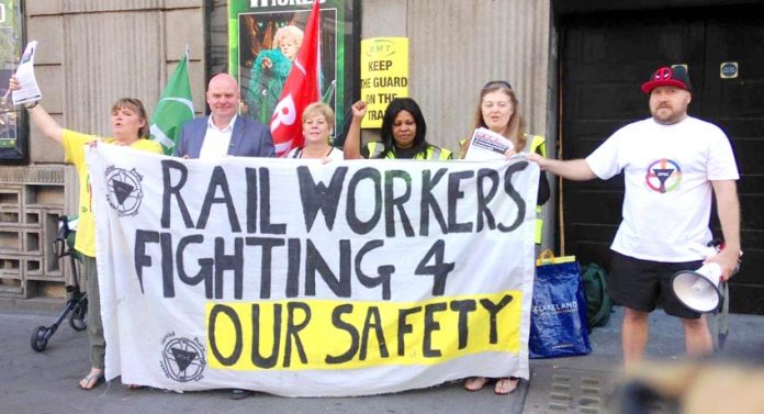 Southern picket at Victoria yesterday morning supported by Disabled People Against Cuts demanding safety and accessibility on all trains. Photo: RMT