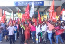 Two hundred Serco workers at Bart’s NHS Trust outside the Royal London Hospital in Whitechapel last week – they begin their week-long strike today