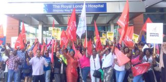 Two hundred Serco workers at Bart’s NHS Trust outside the Royal London Hospital in Whitechapel last week – they begin their week-long strike today