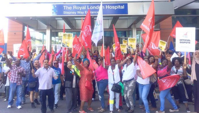 Two hundred Serco workers at Bart’s NHS Trust outside the Royal London Hospital in Whitechapel last week – they begin their week-long strike today