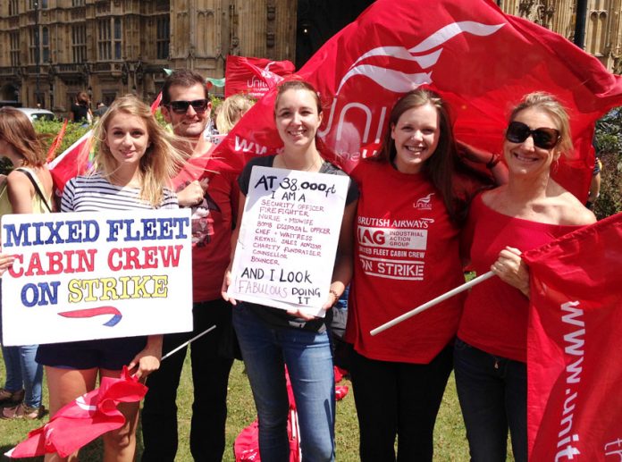 A group of very determined BA Mixed Fleet cabin crew strikers at the House of Commons yesterday afternoon