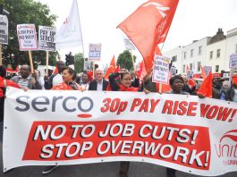 Labour’s JOHN McDONNELL behind the banner of the Serco strikers marching through east London on Saturday
