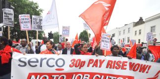 Labour’s JOHN McDONNELL behind the banner of the Serco strikers marching through east London on Saturday