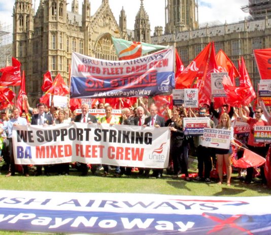 MPs stood behind the banner of the striking BA mixed fleet cabin crew outside Parliament last Wednesday