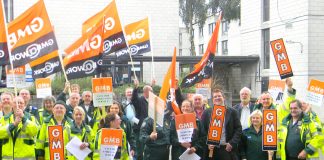 Striking ambulance workers at Greenwich depot in south east London – patients lives will be endangered if ambulances are replaced by Skype