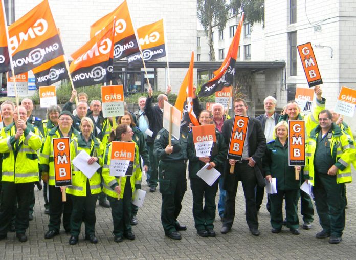 Striking ambulance workers at Greenwich depot in south east London – patients lives will be endangered if ambulances are replaced by Skype