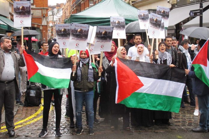 Defiant protesters shouting ‘Free Palestine’ as they display their national flags