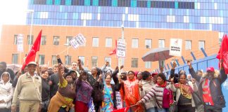 Serco strikers fighting for a 30p an hour increase, on the picket line at the London Hospital yesterday morning