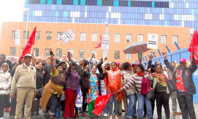 Serco strikers fighting for a 30p an hour increase, on the picket line at the London Hospital yesterday morning