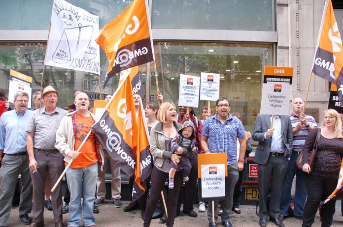 GMB demonstration in July 2013 outside the Employment Tribunal Service offices in London against the Tories introduction of fees