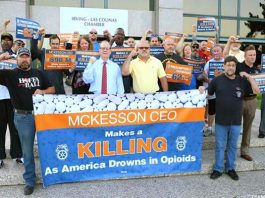 Teamsters union picket against McKesson pharmaceuticals wholesaler – they are opposing drug deaths and excessive executive pay