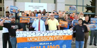 Teamsters union picket against McKesson pharmaceuticals wholesaler – they are opposing drug deaths and excessive executive pay