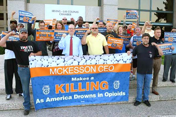 Teamsters union picket against McKesson pharmaceuticals wholesaler – they are opposing drug deaths and excessive executive pay