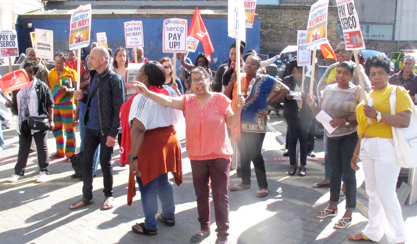 Lively picket of Serco strikers outside the Royal London Hospital, Whitechapel, yesterday