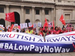 ‘We’ll keep on striking till we win!’ Serco strikers with British Airways mixed fleet cabin crew and Bank of England strikers and outside the Bank of England on Thursday