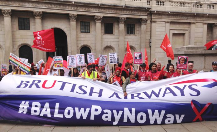 Serco strikers with British Airways mixed fleet cabin crew and  Bank of England strikers and outside the Bank of England on Thursday