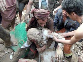 An elderly victim of a recent Saudi bombing raid on Yemen