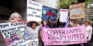 Demonstration outside a previous AGM of  Vedanta. Protests on Monday will also be held at locations in India and Zambia