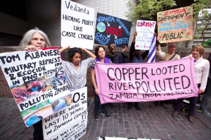 Demonstration outside a previous Annual General Meeting of Vedanta. Protests on Monday will also be held at locations in India and Zambia