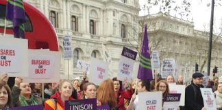 Student nurses and midwives lobby the Department of Health demanding the restoration of bursaries