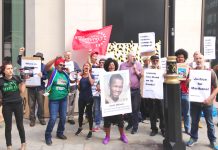 Picket yesterday led by officers of the South African community organisation Sikhala Sonkae condemned Lonmin as having the blood of murdered miners on its hands