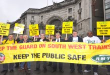 RMT demonstration yesterday morning at Waterloo Station demanding South West Trains keeps their guards on trains in the interest of passenger safety