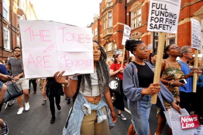 Grenfell Tower survivors and supporters condemn the Tories for their deregulation and fire service cuts which led to the inferno