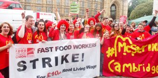 McDonald’s restaurant strikers from Cambridge and Crayford take their demand for £10 an hour to Parliament yesterday