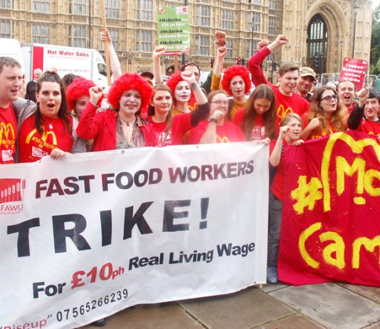 McDonald’s restaurant strikers from Cambridge and Crayford take their demand for £10 an hour to Parliament yesterday